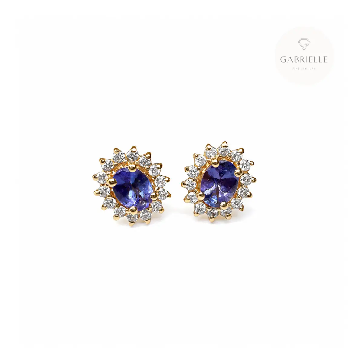 Aretes topitos tanzanita ovalada con diamantes en oro 18k-1