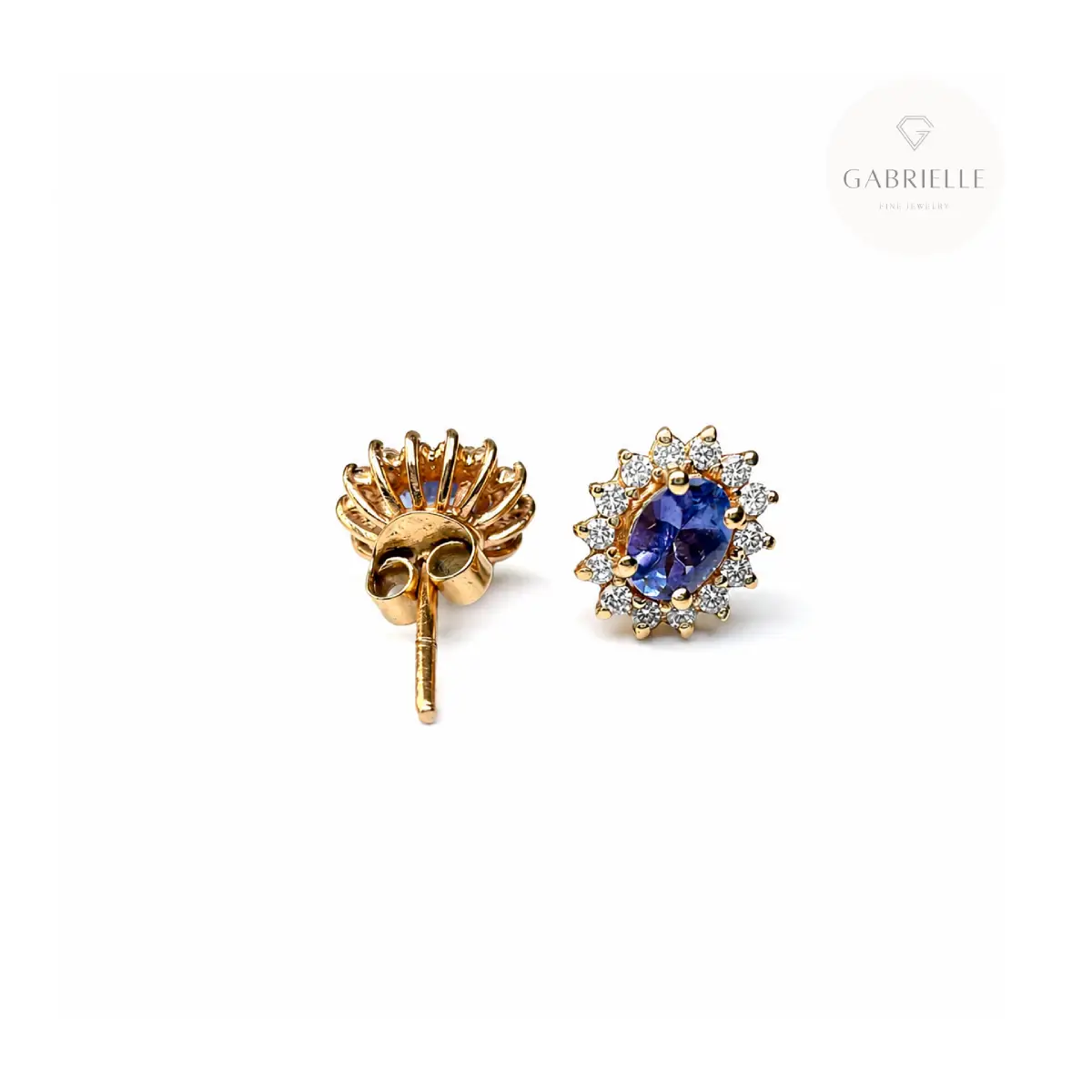 Aretes topitos tanzanita ovalada con diamantes en oro 18k-2